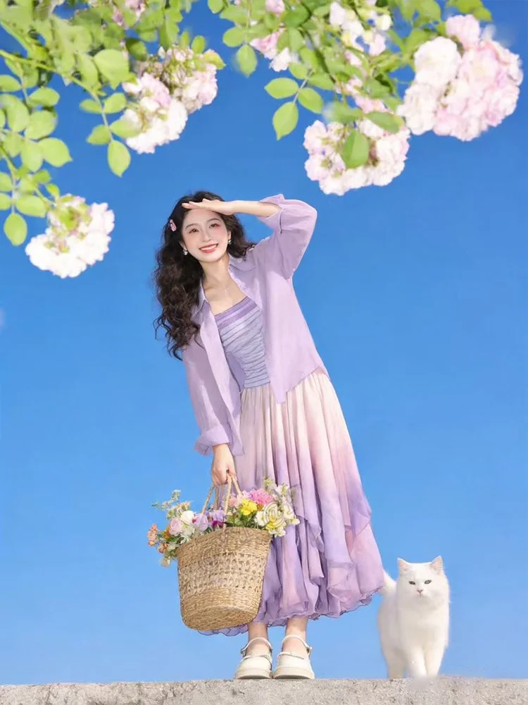 Dopamine Gradient Slimming Purple Halter Neck Sun Protection Shirt Summer Casual Striped High Waist Skirt Women's Fashion