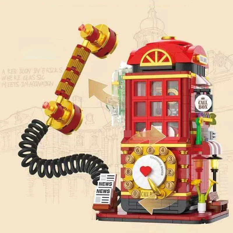Kreatywny model budynku budki telefonicznej, klocki konstrukcyjne, gra, widok ulicy, model architektoniczny, zabawka do składania, prezent dla dziecka, dziewczynki, dorosłego.