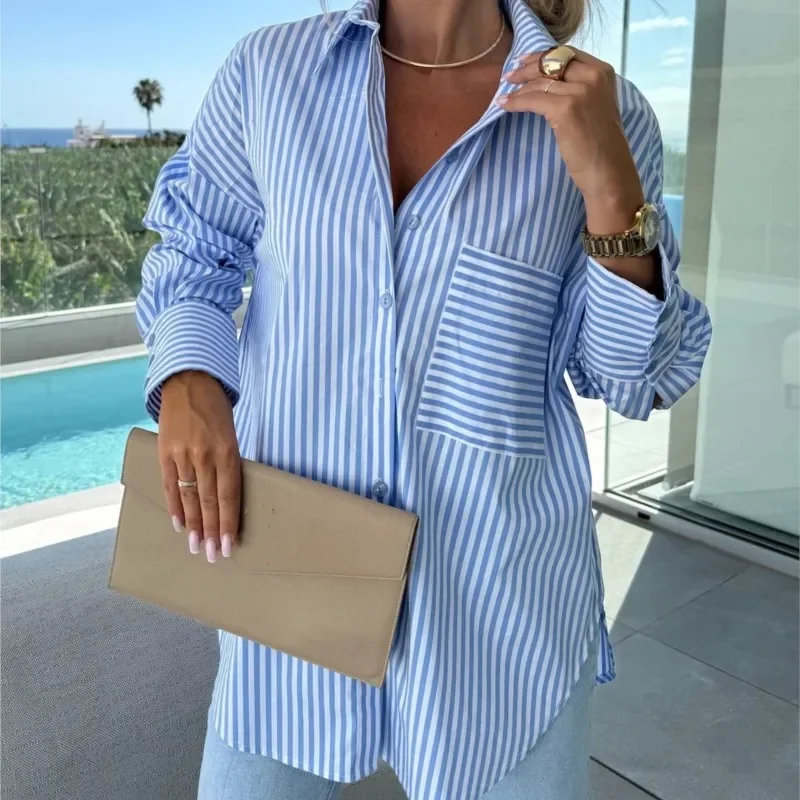 

2025 New Loose Casual Striped Shirt Women Spring Summer Long Sleeve Spliced Pocket Classic Versatile Holiday Shirts Female
