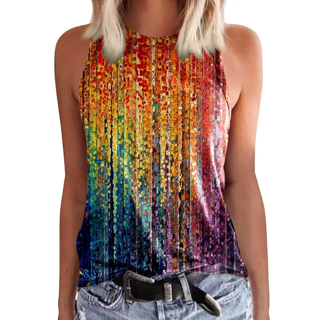 Kolorowe kwiatowe podkoszulki z nadrukiem 3D moda damska O-Neck kamizelka bez rękawów Streetwear letnia Casual Camisole dziewczyna odzież damska
