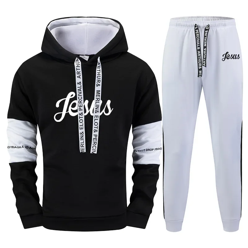 Jesus Printed Men's Tracksuit Hoodies Sweatpants Black White Mixing Color Sweatshirts Jogger Pants Urban Fashion Casual Outfits
