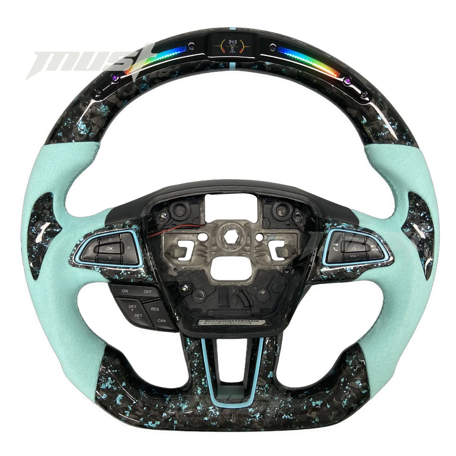 For Ford 2015-2018 Focus MK3 ST RS Hatchback Custom Forged Carbonized Fiber Steering Wheel With Tiffany Blue Grip