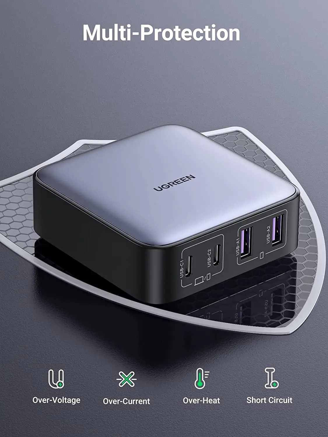 UGREEN Cargador USB C de 65 W Nexode Estación de carga GaN de 4 puertos con 2 USB C y 2 USB un cargador de escritorio para iPhone