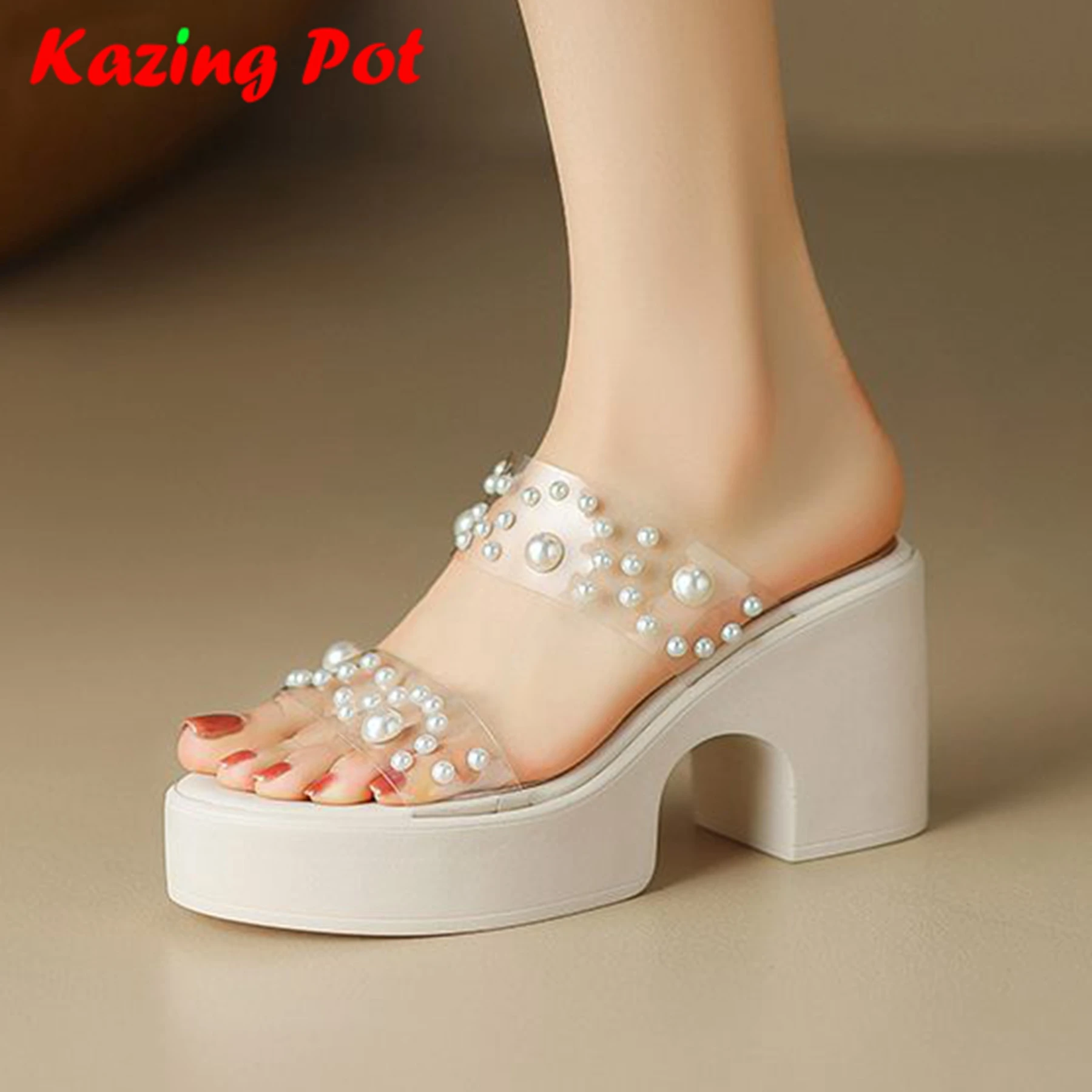 Krazing Pot P V C Natural Leather Mules Super High Heels Peep Toe Slip On Summer Platform Jelly Pearl-studded Women Sandals Ins