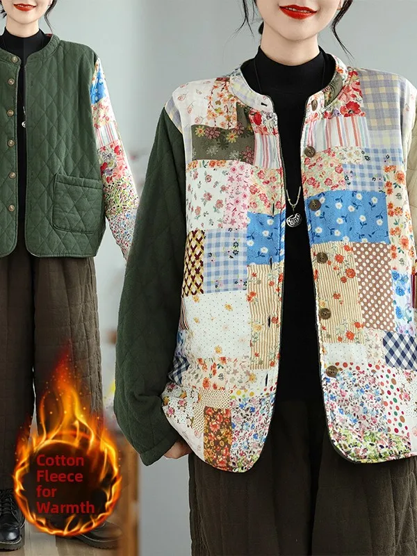 

2025 Winter Women's Cotton Jaet Double-Sided Wear round Ne Patchwork Slimming Outerwear Retro Sle Thiened Long Sve