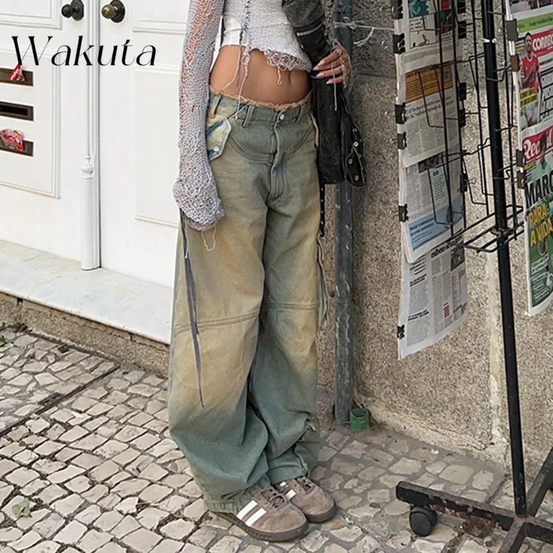 WAKUTA American Retro Old Washed Low Waist Straight Pant Fashion Loose Pockets Splicing Raw Edge Jeans Street Style Casual Jeans