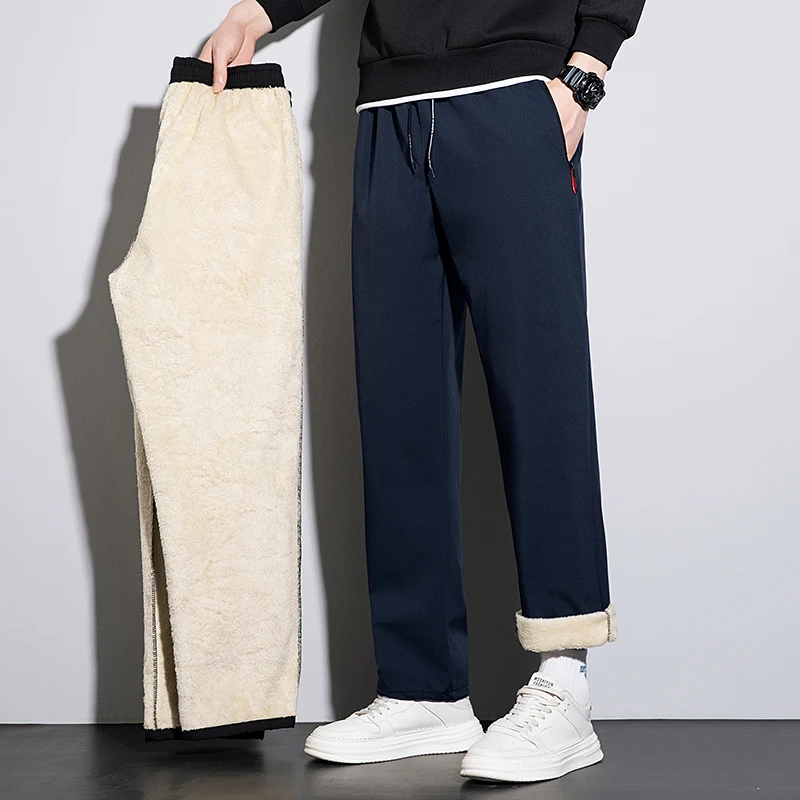 

Men's Casual Thicken Straight Pants Winter Elastic Waist Add Fur Jogger Korean Classic Blue Black Gray Male Brand Wool Trousers