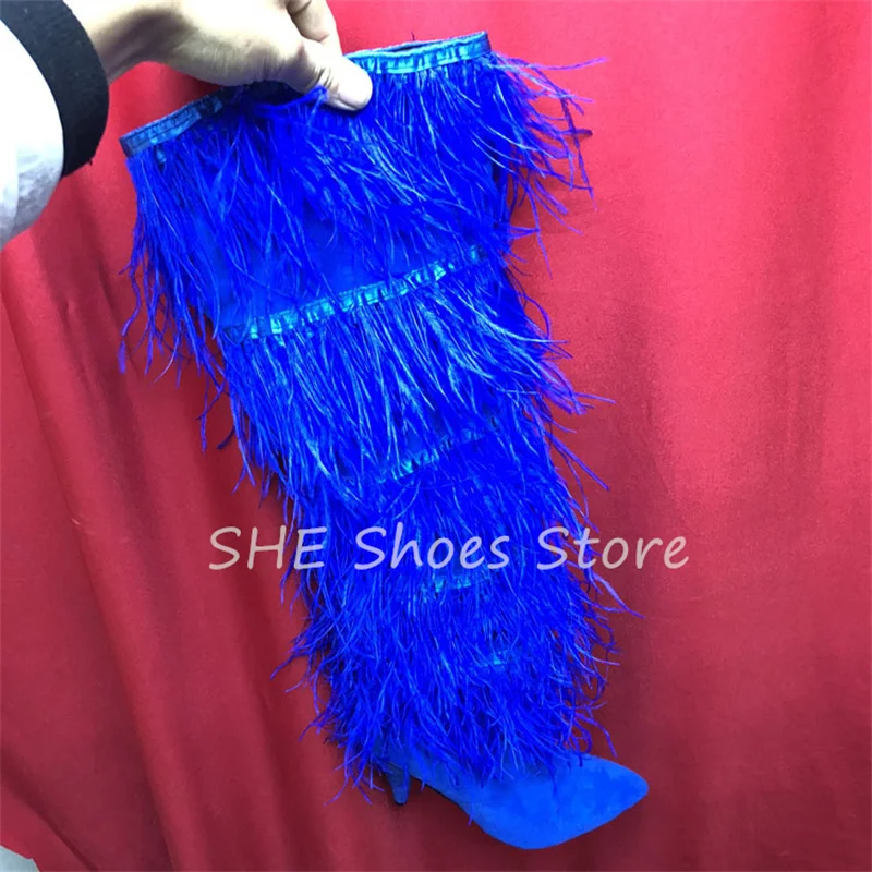 Fashion Catwalk Feather Tassel Women Over-The-Knee Boots Sexy Pointed Toe Hight Heel Banquet Long Boots Ladies Dress Shoes