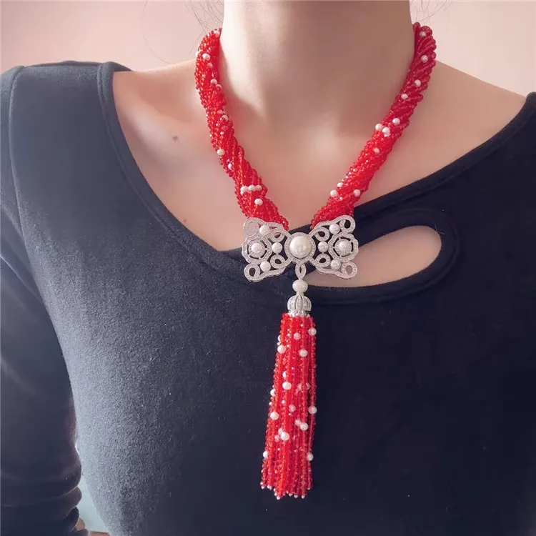 

Natural Red Crystal And White Pearl CZ Connector Necklace For Women