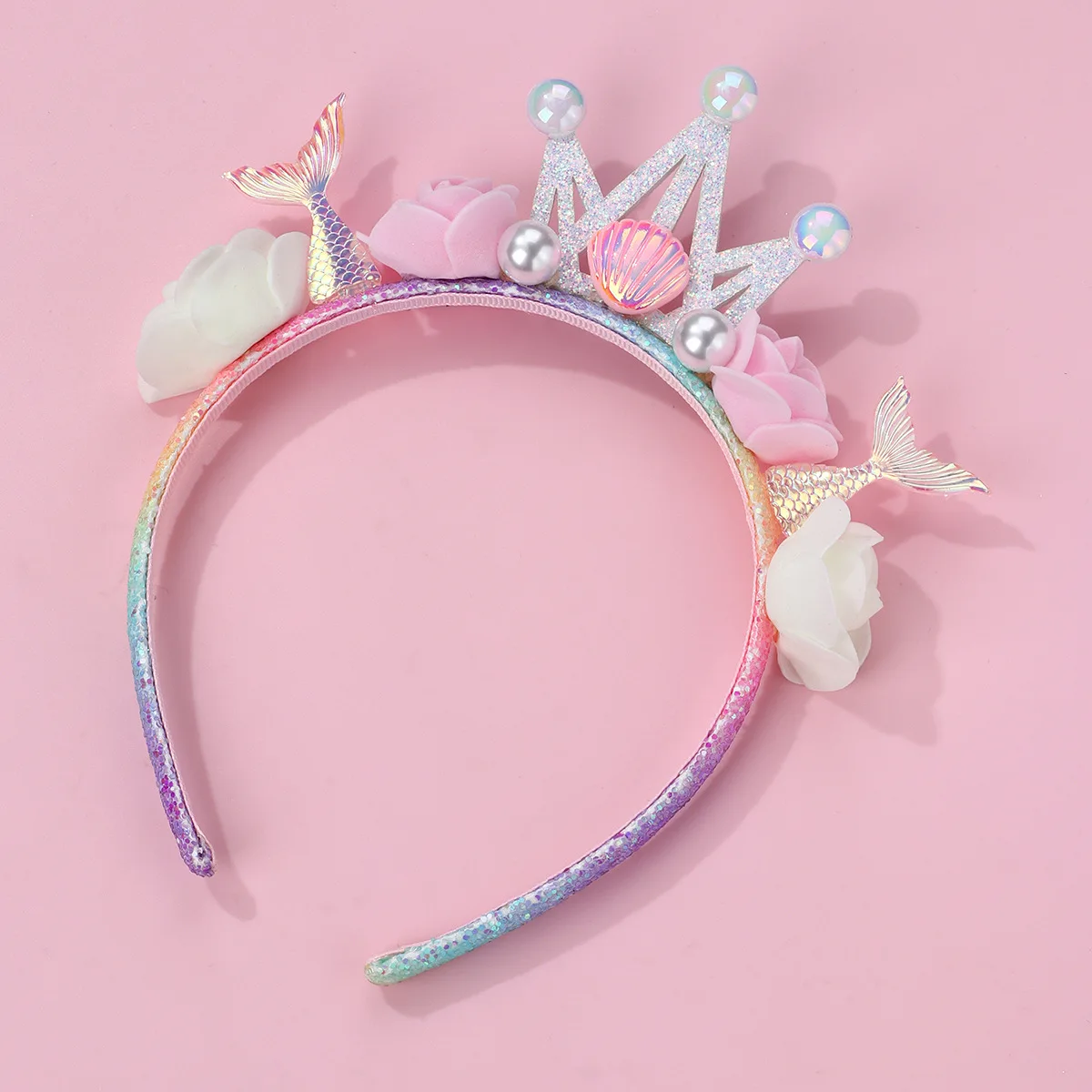 Ocean-Themed Glitter Headband, Featuring Glittery Ocean Elements Paired with Pearl Decorations, Crown Flower Mermaid Headband, with a Dreamy and Exquisite Design, Suitable for Beach-Themed Parties, Dress-Up Occasions, and More, with a Sweet Style