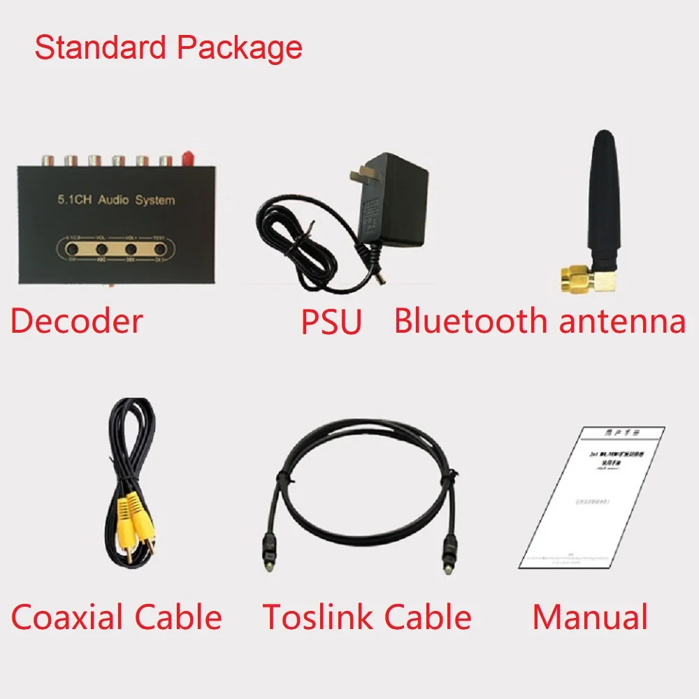 Decodificador de Áudio Dolby AC3, DTS, Conversor de Áudio, SPDIF, Toslink Coaxial, PC, Flash USB, Bluetooth 5.0, Decodificação para Home Theatre, 5.1