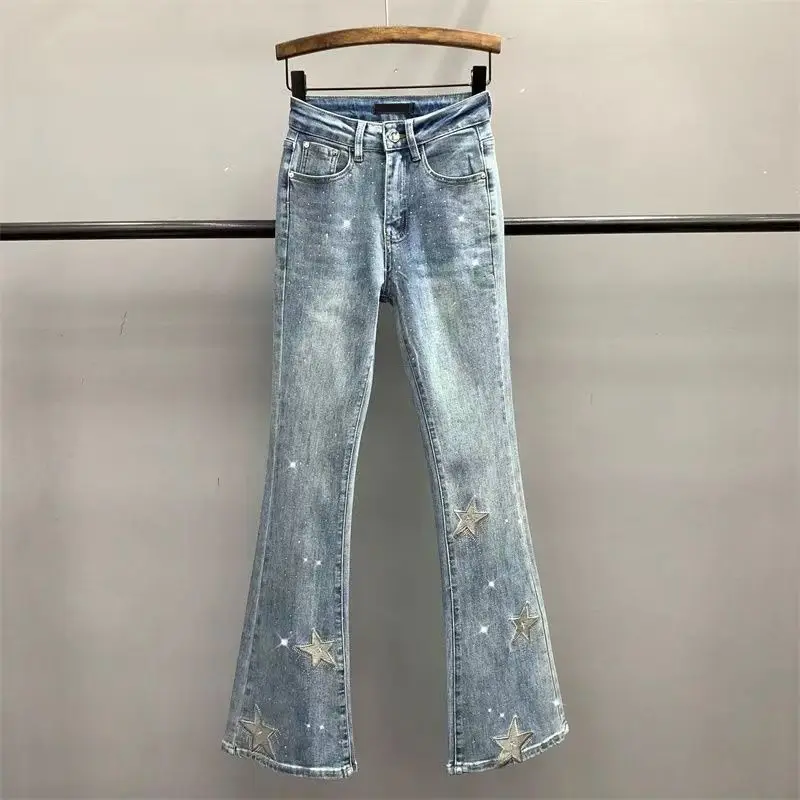 

2025 Summer New pentagram Embroidered Hot Drilled Micro Pull Denim Jeans for Women Wash Elastic High Waist Slim Denim Trousers