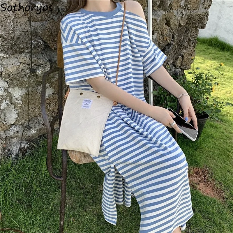 Women Short Sleeve Dress Striped Loose Summer Casual All-match Sundress Korean Style Fashion Trendy New Mid-Calf Basic Clothing