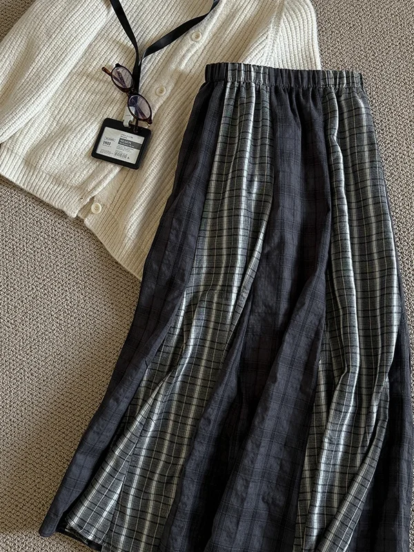 

plus Size 300 Pou Fat MM Retro Plaid Stripe Splicing A-Line Skirt Women's Autumn Versatile College Sle High Waist S...