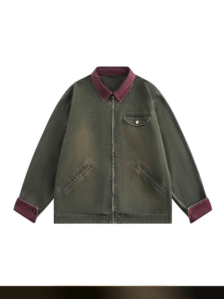 

American Retro Distred Multi-ket Denim Jaet Loose Casual Collar Spring New Sle Men's Outerwear Zipper Closure