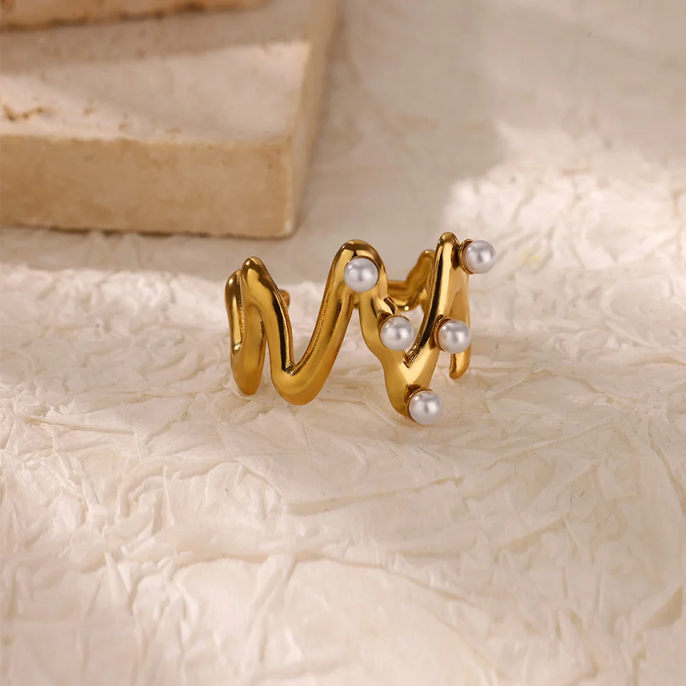 

Stainless Steel Wave Rings For Women Gold Color Geometric Imitation Pearl Ring Couple Wedding Minimalist Jewelry anillos mujer