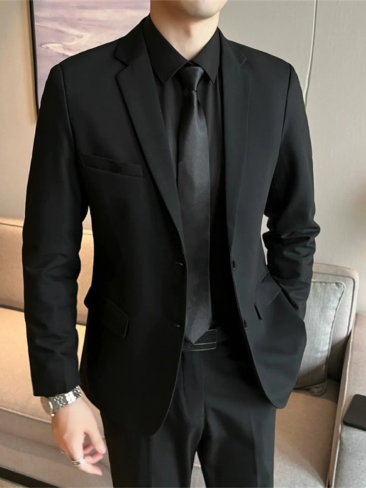 

Men's Casual Busin Suit Jaet Slim Fit Large Size Best Man Wedding Par Wear Pure Color Long Sve Stand Sle