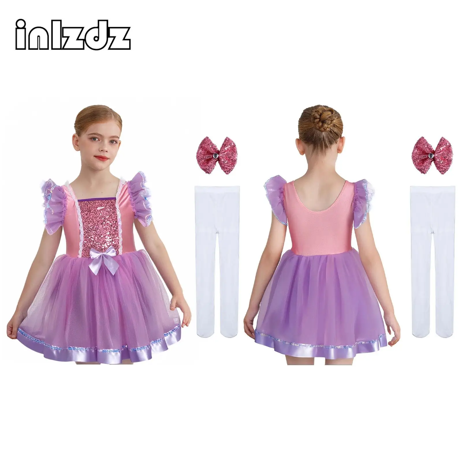 

Purple Kid Girl Ballet Dance Dress Performance Costume Sequins Bowknot Layered Tutu Dress+Headwear+Pantyhose for Halloween Party