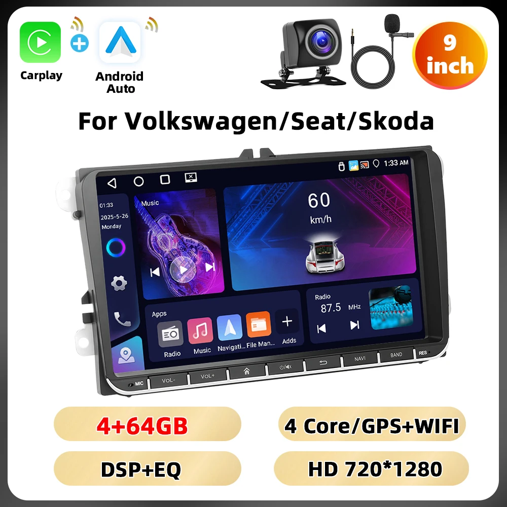 Podofo 6 + 128G 7 ''/8''/9 ''Autoradio voor VW/PASSAT/GOLF/POLO/BORA Multimedia Speler Android Auto Carplay WIFI GPS EQ Auto Audio