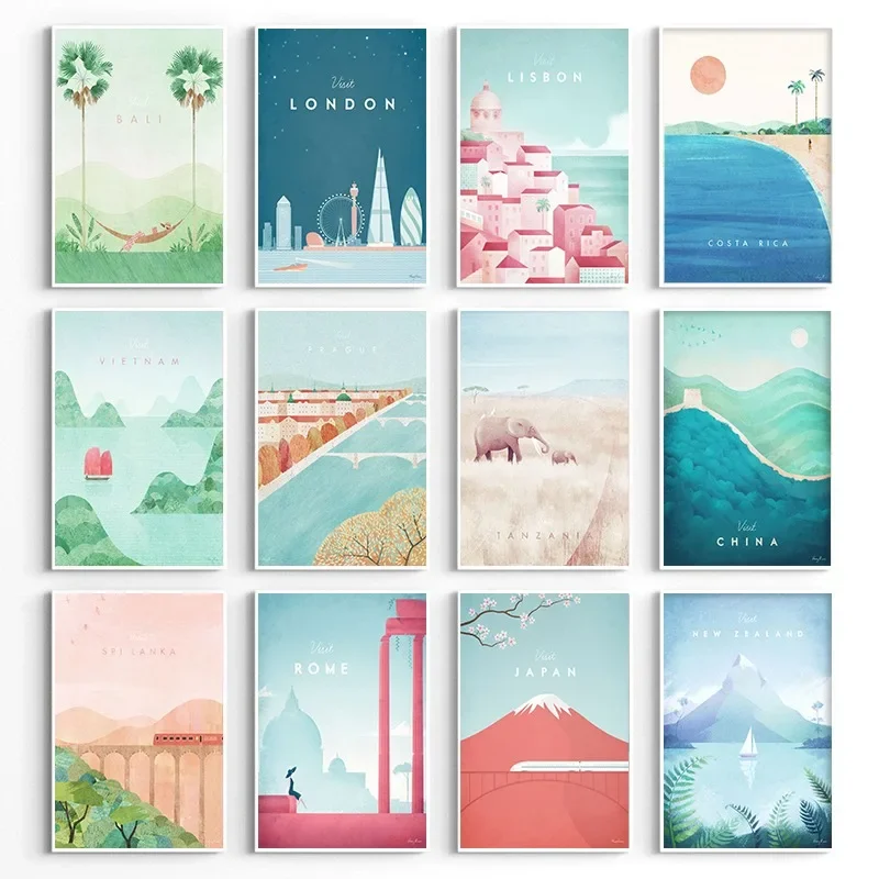 World Minimalist Travel Posters Paris Rome Lisbon New Zealand Tour Landscape City Canvas Painting Wall Art for Room Home Deco