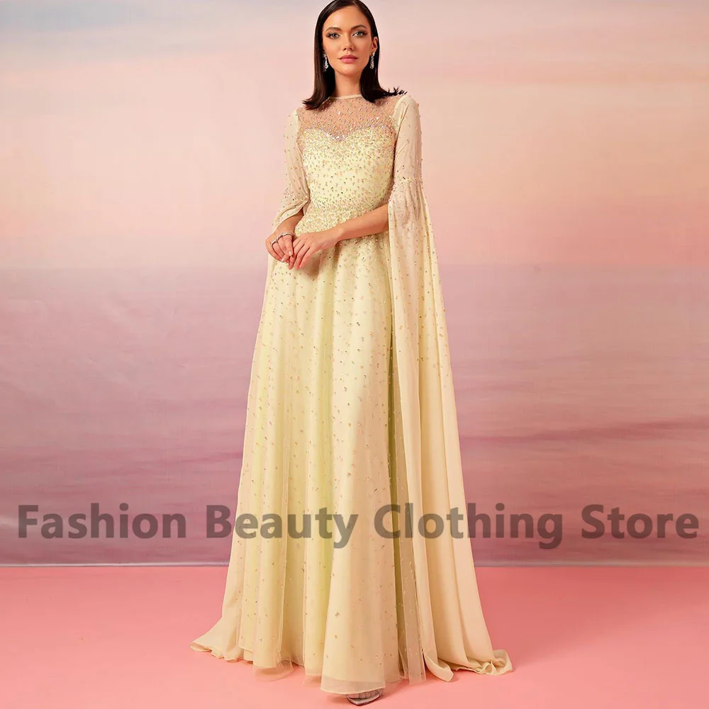 Exquisite Chiffon فساتين الحفلات Crew-Neck Draped With Beading Back Zipper Elegant Women\'s Sweep Train Robes De Soirees Dubai