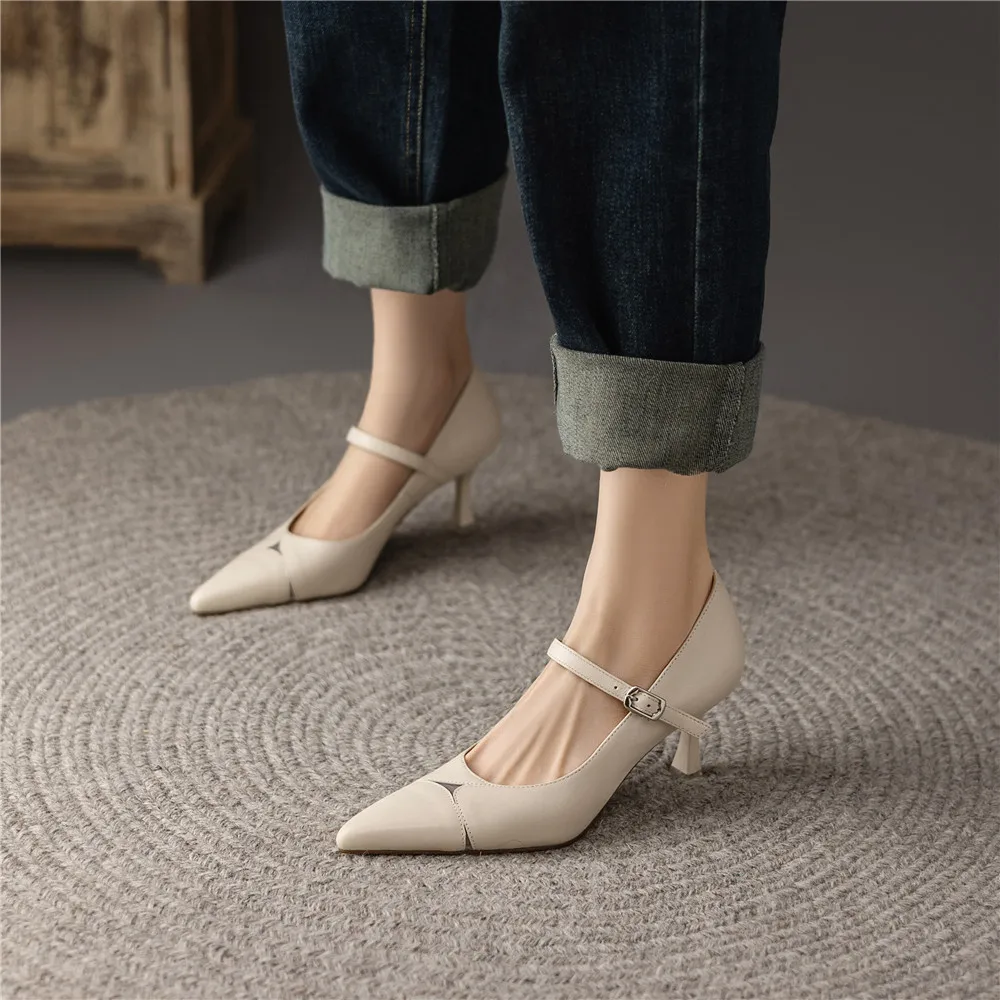 MILI-MIYA New Arrival Splicing Women Soft Sheep Skin Pumps Pointed Toe Thin Heels Buckle Strap Solid Color Dress Party Shoes