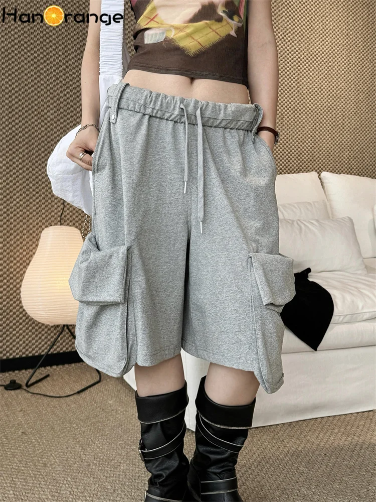 

HanOrange 2026 Summer Elastic Waistband Large Pocket Rolled Edge Sweatpants Women Loose Knee Length Cargo Pants Light Gray/Blue