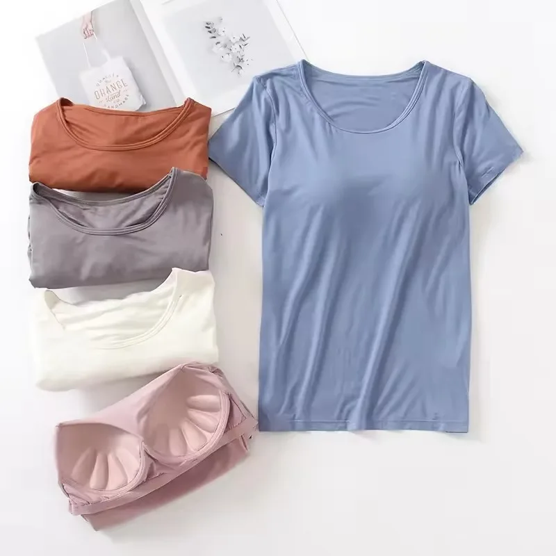 Tops de Color liso para mujer, almohadilla para el pecho, copa de sujetador de una pieza con sujetador, camiseta ajustada, camiseta informal de verano para mujer, camisas de fondo