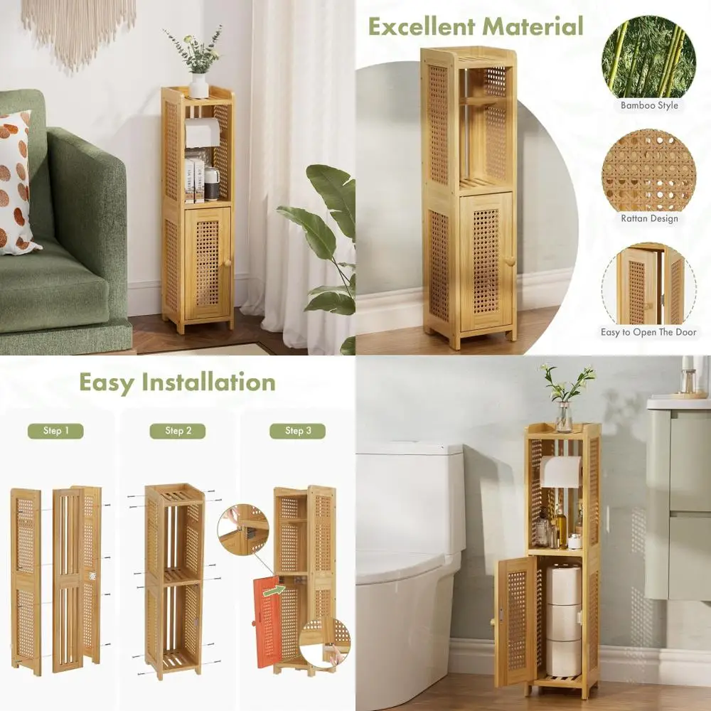 

Подставка для туалетной бумаги из бамбука с дверцей из ротанга, компактный шкафчик для хранения в ванной, 30,3x7,8x7 дюймов