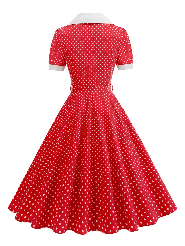 Tonval Retro-Kleider für Damen, 2025, Umlegekragen, Knöpfe vorne, Gürtel, gepunktet, Baumwolle, Rockabilly-Flare-Midikleid – Detail 14