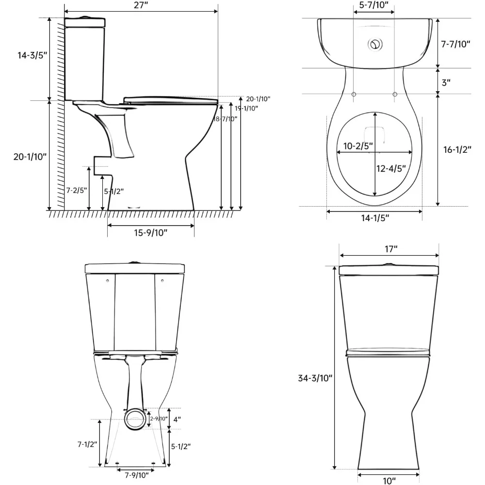 Rear Outlet Toilet With 19 Inch Tall Toilet Bowl & Tank, High Toilets For Seniors With Rear Discharge-Includes Extension Pipe