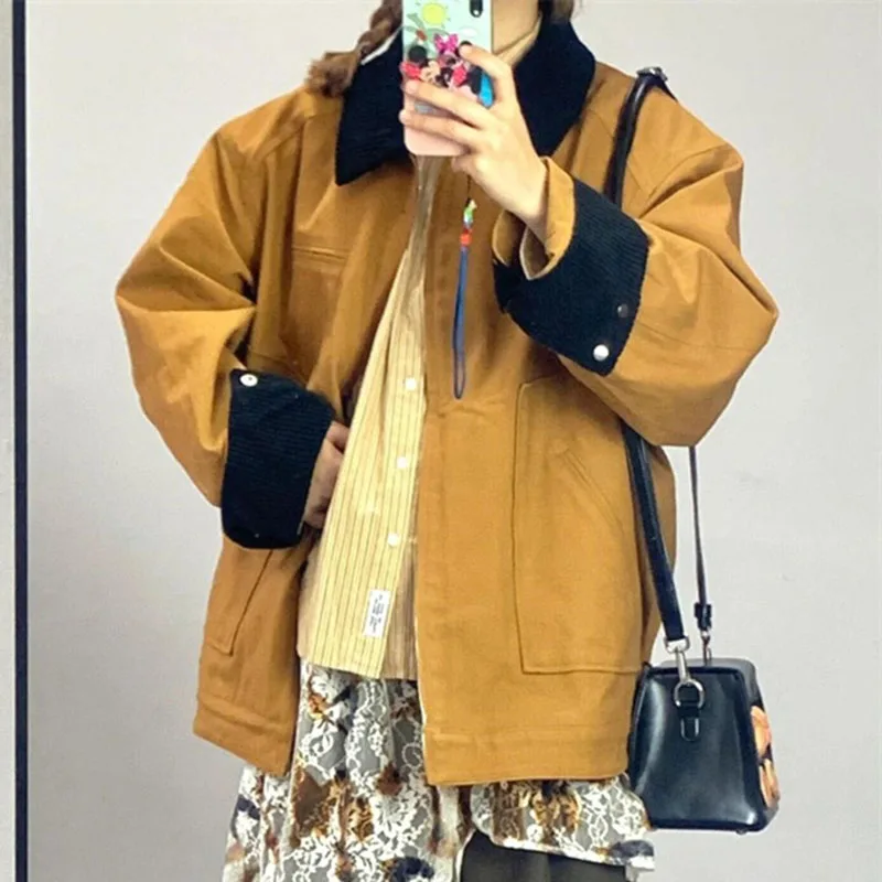 

Spring Autumn Ladies Casual Patchwork Loose Coat American Female Long Sleeves Jacket 2025 Retro Women Fashion Baseball Outwear