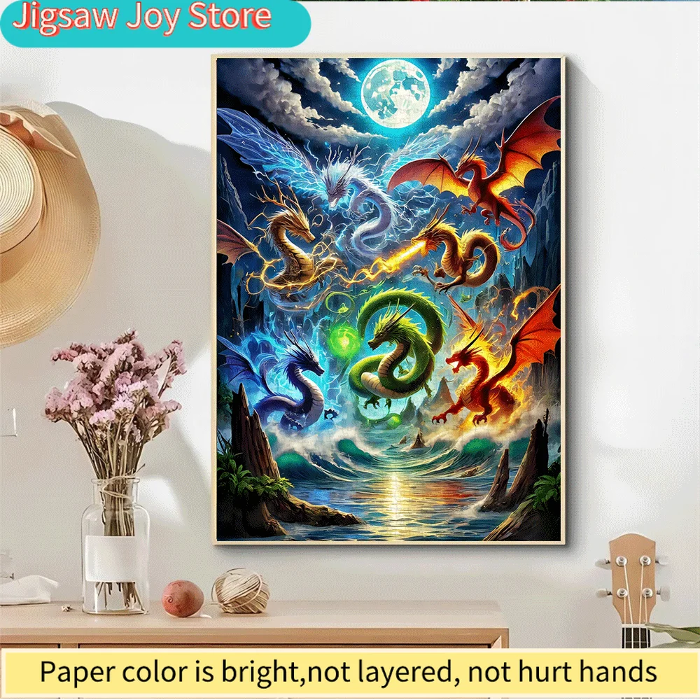 

1000pcs Large Dragon and Moon Puzzle with Diamond Dragon Cutouts - Base & Multicolor Pieces Suitable for Adults, Family, Chall