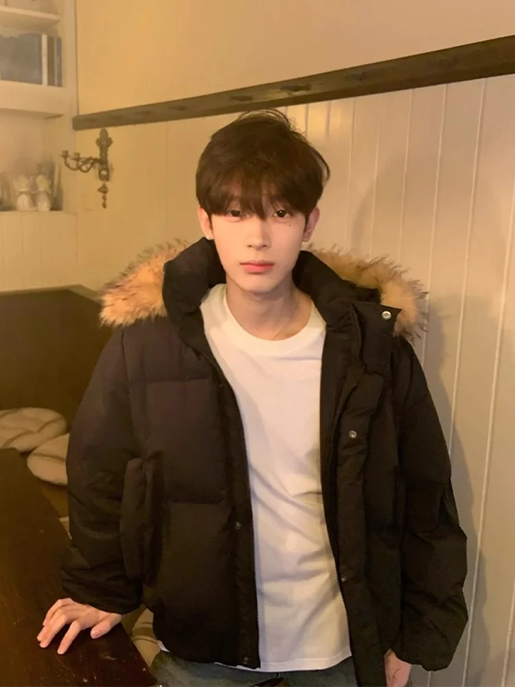 

Bla Hooded Cotton Jaet Men's Winter Thi Warm Waterproof Bread Sle Outdoor Coat with Fur Collar Stand Fit Zipper De...