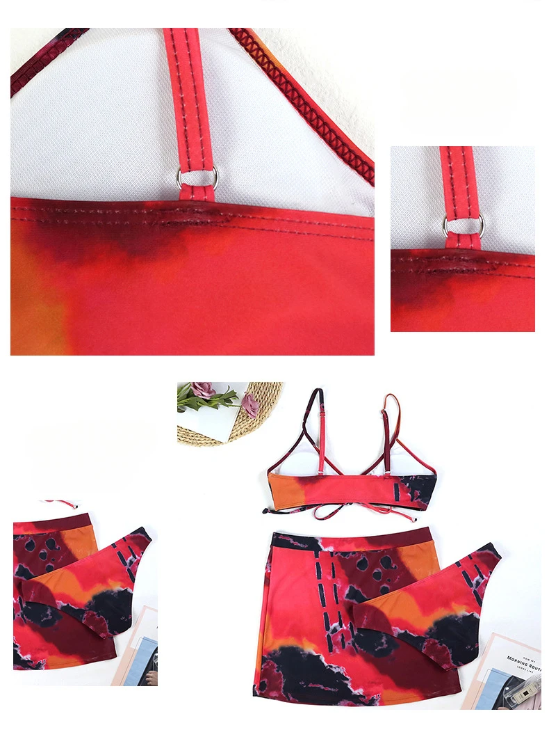 3 Piece Bikini Set Sexy Swimsuit Swimwear Women Drawstring Tie Dye Print Bikinis Set Bathing Suit Beach Skirt Cover Up Biquinis
