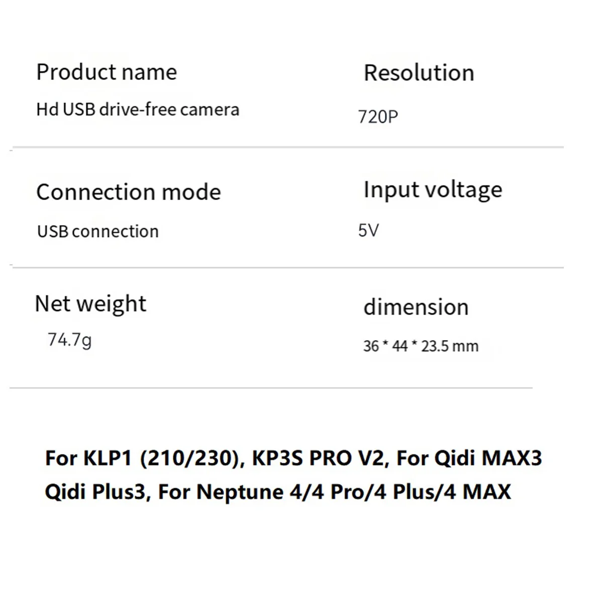 720P Camera for Kingroon KLP1/KP3S Pro V2 Driver-Free Camera USB Interface Time-Lapse Photography 3D Printer Accessories
