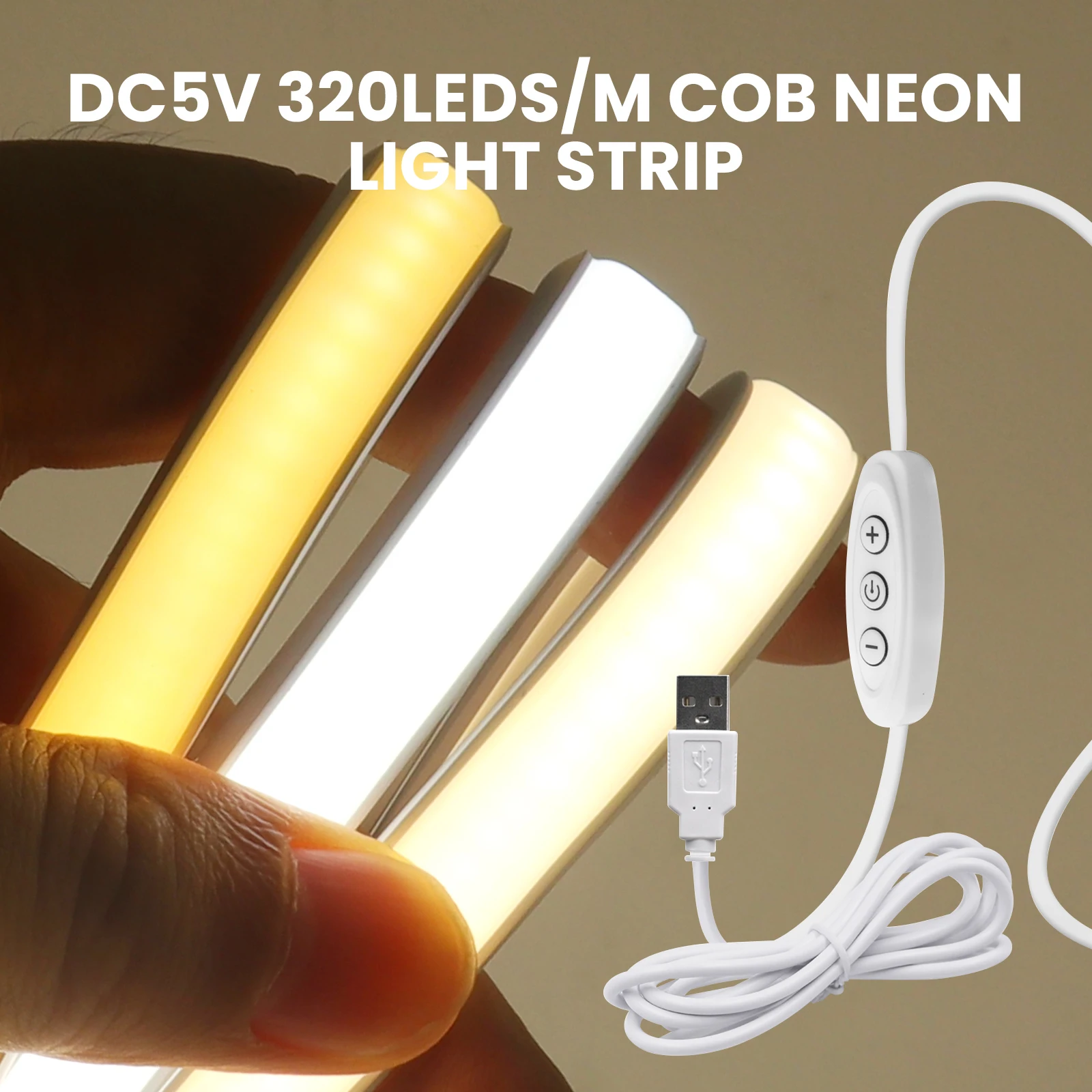 5V COB LED Neon Strip Light USB 320LEDs 3Keys Touch Dimmer Switch Button Kit Waterproof White Warm Natural 0.5m 5m Flexible Lamp