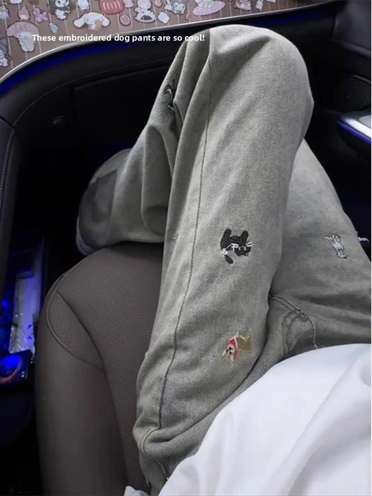 

Retro Blue Dog Embroidery Jeans Men's Summer American High Street Design Straight Leg Long Pants Wear Resistant Loose Fit