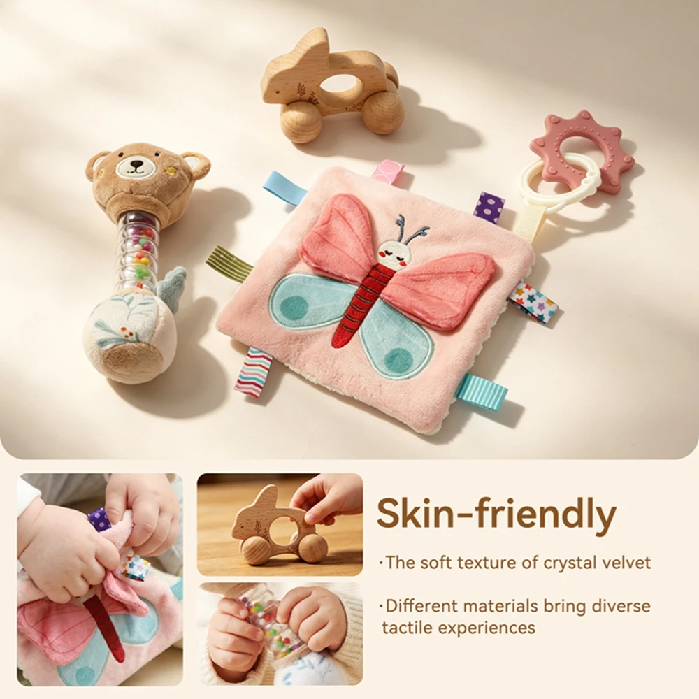 Plush Comfort Blanket Rattle Toy Bear and Butterfly Baby Comfort Blanket Set Sensory Development Hand-Eye Coordination Early Toy