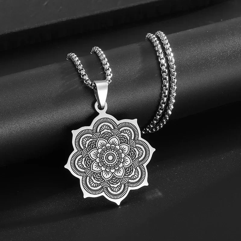 Stainless Steel Flower of Life Mandala Lotus Pendant Necklace Yoga Om Jewelry for Men and Women