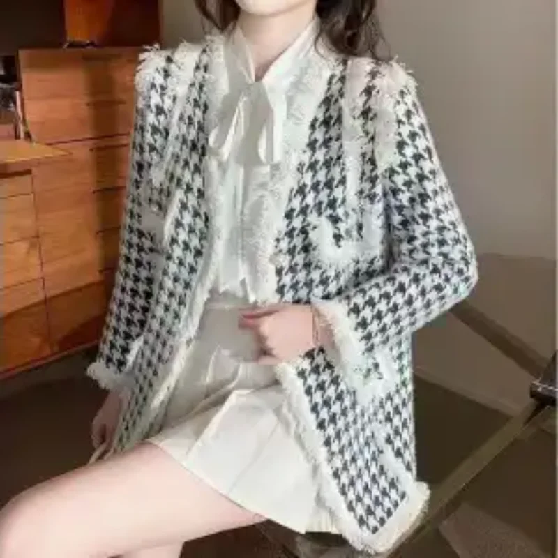 Manteau en laine pied-de-poule pour femme, vêtement haut de gamme, pour petites personnes, nouvelle collection automne et hiver 2025