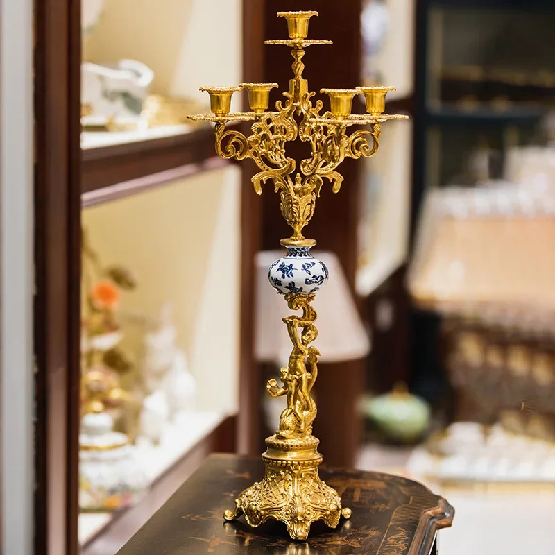 European luxury retro multi-head candlestick French classical romantic candlelight dining table side cabinet ornament table deco