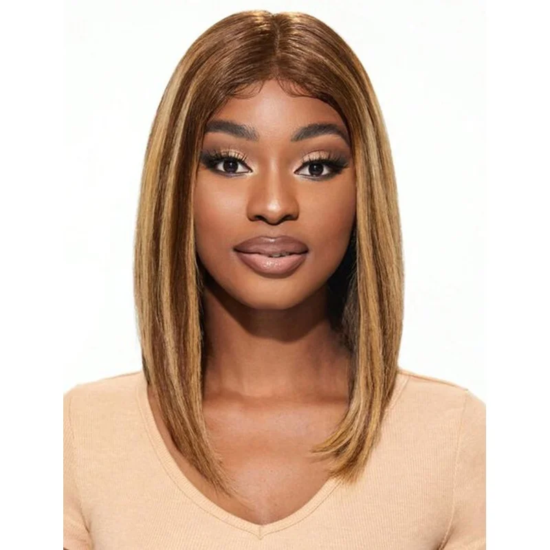 Short Blonde Brown Highlight Wig 4x4 Lace Front Wig Straight Glueless Wig