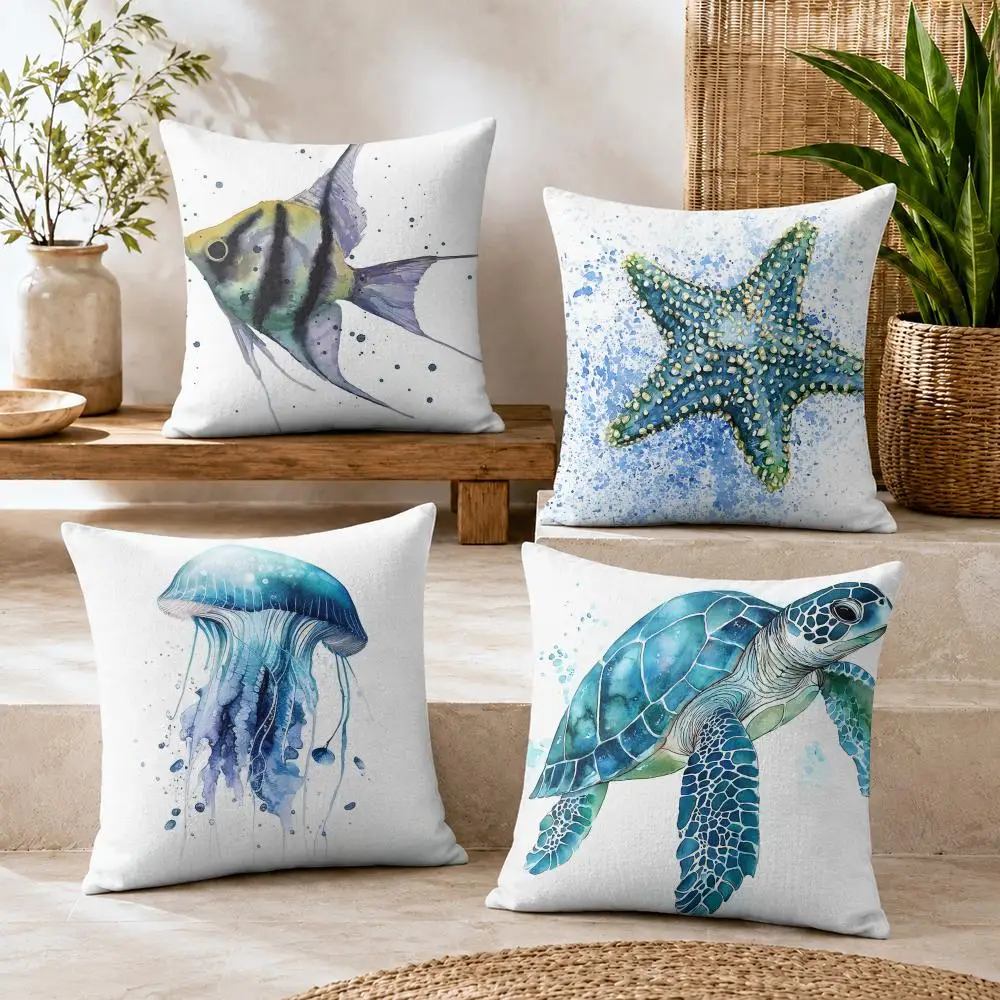 Funda de cojín con diseño de tortuga y arrecife de coral, frescura de verano, tela de lino orgánica, funda de almohada para sofá, impresión a doble cara, decoración del hogar