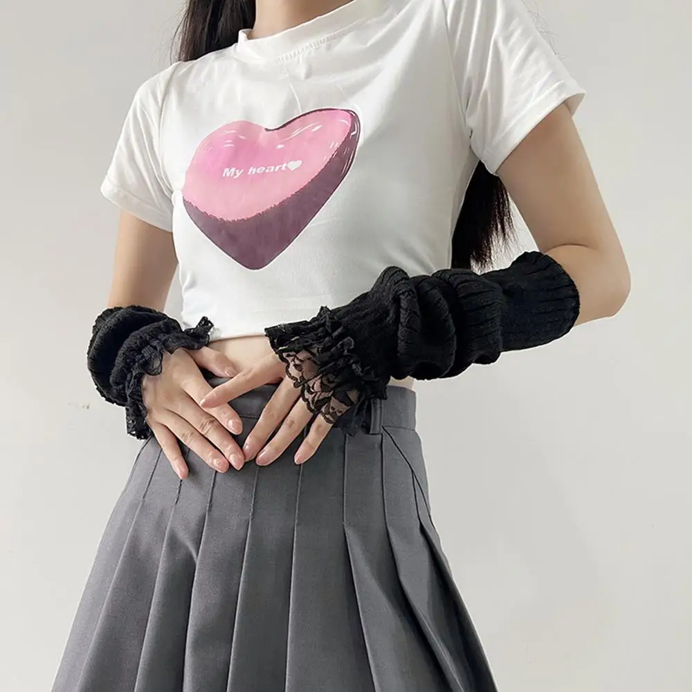 Y2K Sarung Tangan Pergelangan Tangan Panjang Tanpa Jari Ikatan Simpul Lengan Tebal Warna Polos Sarung Tangan Renda Ruffle Penghangat Lengan Rajutan Gotik Lolita