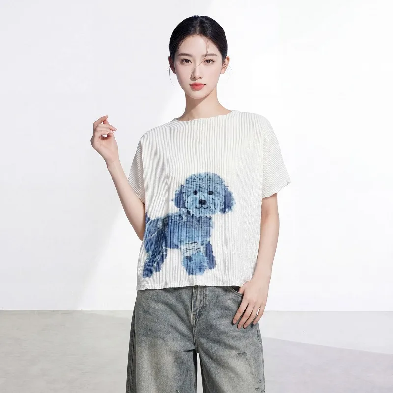Miyake Pleated 2026 New Summer Women's Short Sleeve T-Shirt Round Neck Loose Lightweight Breathable Dog Print Fashion Top Pleat