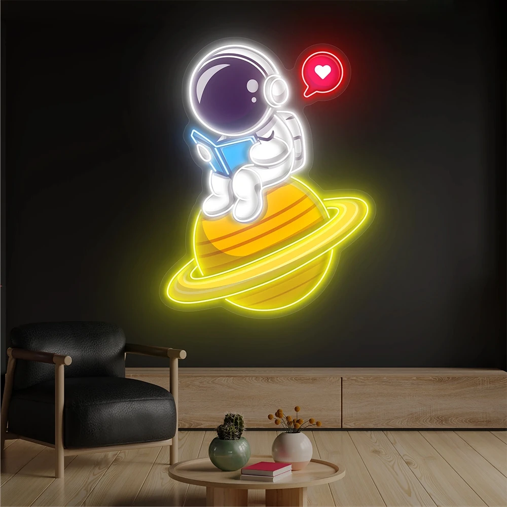 

Cute Astronaut Reading on Planet Artwork LED Neon Sign for Kids Room Bedroom Wall Decor Neon Light Reading Room Decoration Light