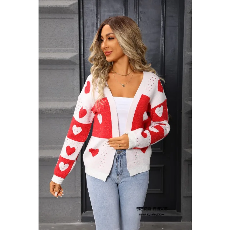 新しい女性のバレンタインデーの愛の桃ニットカーディガン愛のVネック多用途ジャケット女性用