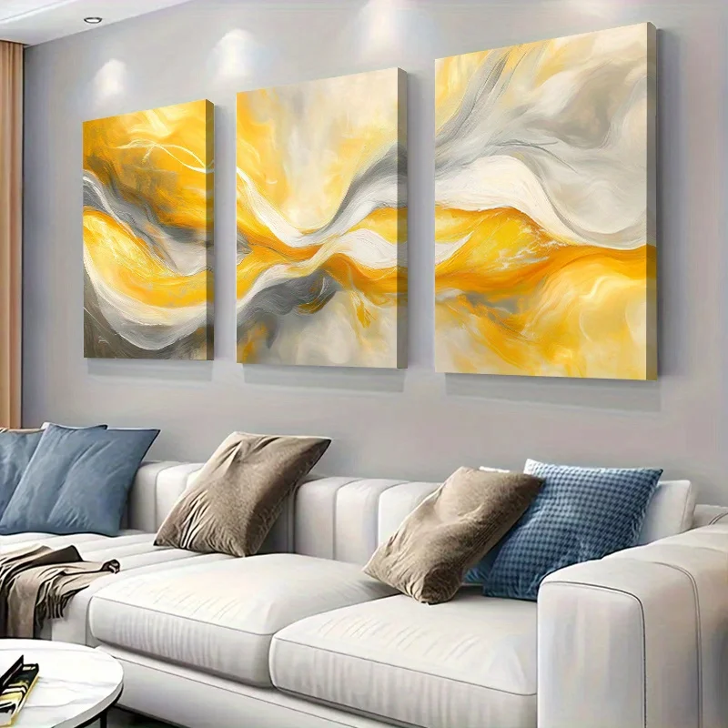3pcs Abstract Yellow and Gray 3pcs Framed Canvas Wall Art - Modern Geometric Design, a must-have for your home decor, bedroom