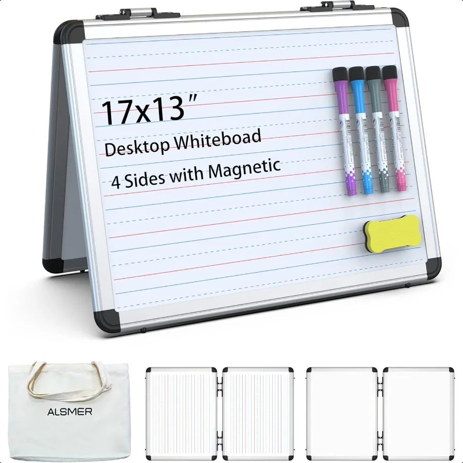

Dry Erase Board 17x13 inch with 4 Sides Magnetic Whiteboard A3 Foldable Small White Board with Lines Perfect for Office School